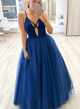 Shop Cheap Sexy Deep V-neck Tulle Sleeveless A-Line Blue Prom Dress