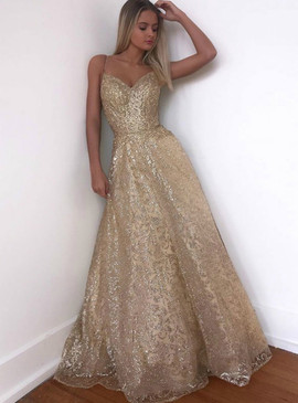 Shop Cheap Tulle Sequins Spaghetti Straps A-Line Gold Backless Long Prom Dress