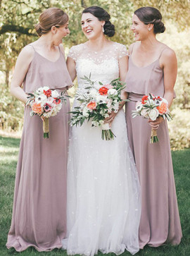 Long Chiffon Scoop Blush Bridesmaid Dress with Ruffles