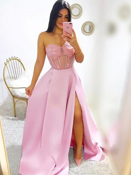 Cheap Long Lace Sweetheart Sexy A-Line Pink Satin Prom Dress With Side Split