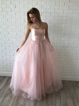 Shop Cheap Simple A-Line Pink Tulle Spaghetti Straps Backless Prom Dress Under 150
