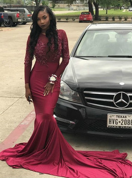 Shop Cheap Satin Long Sleeve Appliques Burgundy Mermaid Prom Dress