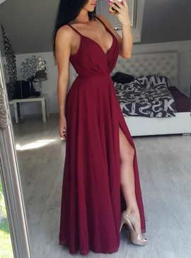 Shop Cheap Sexy Backless Burgundy Straps Long Chiffon Prom Dress with Side Split