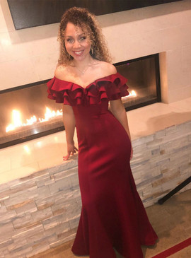 Shop Cheap Satin Off the Shoulder Burgundy Mermaid Long Prom Dress