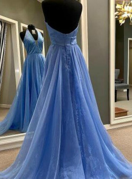 Shop Cheap Halter Satin Organza Backless Blue Deep V-neck Prom Dress under 100