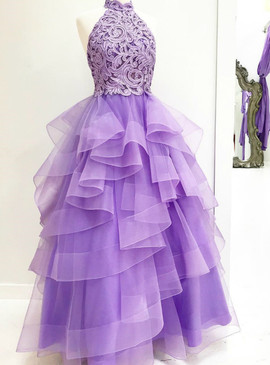 Shop Cheap Lavender Light Purple Tulle Appliques Long A-Line High Neck Prom Dress with Beading