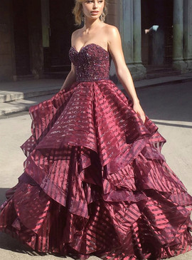Shop Cheap Ruffles Ball Gown Sweetheart Burgundy Long Prom with Beading Under 200