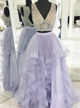 Shop Beading Cheap Deep V-neck Open Back Purple Tulle Prom Dress With Beading