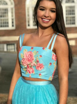 Buy Unique Floral Spaghetti Straps Lace Embroidery Blue Two Piece Prom Dress under 200