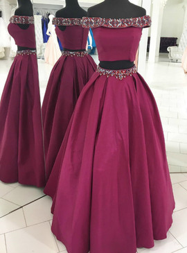 Shop Unique Crop Top Satin Off the Shoulder Beading Fuchsia Two Piece Prom Dress