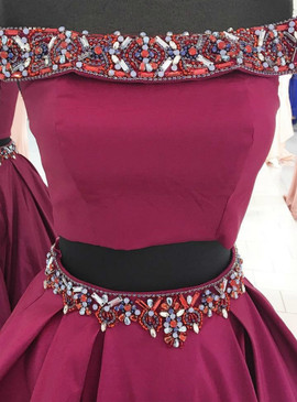 Shop Unique Crop Top Satin Off the Shoulder Beading Fuchsia Two Piece Prom Dress