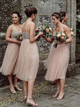 Cute Tea Length Pink Tulle Spaghetti Straps Bridesmaid Dress