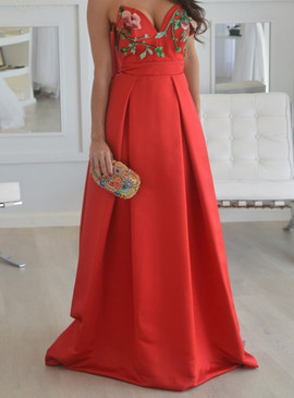 Shop Sexy  Unique Embroidery Long Red A Line Strapless Satin Prom Dress under 150