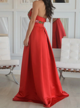 Shop Sexy  Unique Embroidery Long Red A Line Strapless Satin Prom Dress under 150