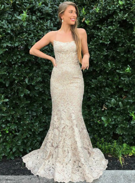 Shop Backless Lace Spaghetti Straps Long Champagne Mermaid Prom Dress