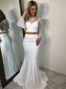 Shop Lace Two Piece Long Sleeve Lace White Mermaid Prom Dress under 150
