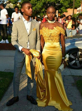 Unique Design Sexy Off the Shoulder Appliques Gold Mermaid Satin Prom Dress