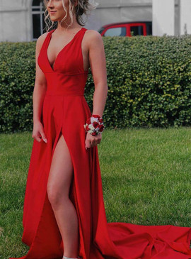 Shop Sexy Satin Long Red V-Neck Straps Prom Dress with Cross Back Under 100
