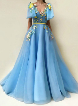 Embroidery A Line Blue Tulle Floor-length Prom Dress With Pockets