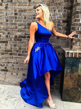 Shop Cheap One Shoulder With Pocket Royal Blue Satin Prom Dress under 100