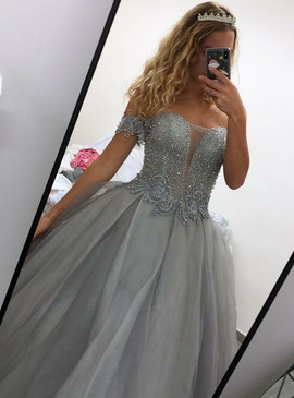 Buy Luxury Tulle Off the Shoulder Gray Ball Gown Beading Prom Dress For Sale