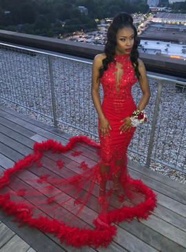 Shop Cheap Red Mermaid Tulle Appliques High Neck Prom Dress With Crystal under 200