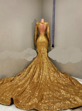 Shop Unique Long Sleeves Sparkle Sequined Mermaid Gold Prom Dress with Long Train under 200