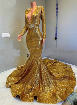 Shop Unique Long Sleeves Sparkle Sequined Mermaid Gold Prom Dress with Long Train under 200