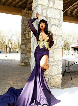 Shop Cheap Satin Deep V-neck Purple Mermaid Long Sleeve Appliques Prom Dress Under 150