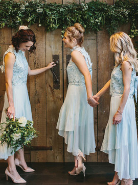 Pleats Blue High Neck Asymmetry Train Chiffon Bridesmaid Dress 