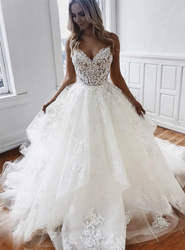 Shop Cheap Spaghetti Straps Backless A-Line White Tulle Appliques Wedding Dress Under 200