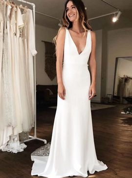 Shop Cheap Backless White Satin V-neck Backless Appliques Sexy Sheath Wedding Dress Under 200