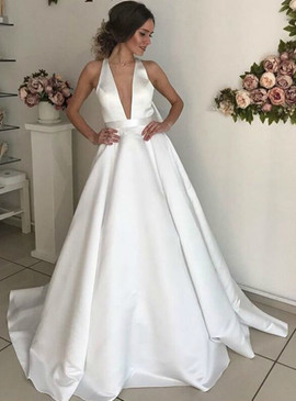 Shop Cheap Deep V-neck Backless Sleeveless Sexy White Wedding Dress Under 200