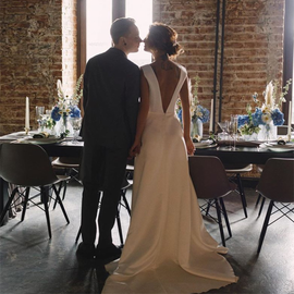 Shop Simple V-neck Backless Beach Satin Long Wedding Dress Under 100