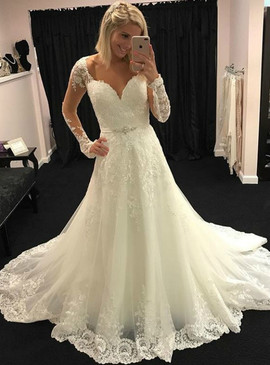 Shop Unique Long Sleeves A-Line Sweetheart Wedding Dress With Appliques Under 200