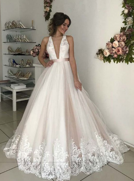 Shop Cheap Lace Appliques Deep V-neck Light Champagne Tulle Backless Wedding Dress Under 200