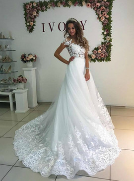 Shop Cheap Appliques Cap Sleeve Elegant White Tulle Lace Wedding Dress under 200
