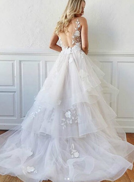 Shop Cheap Appliques V-neck Backless A-Line White Tulle Wedding Dress under 200