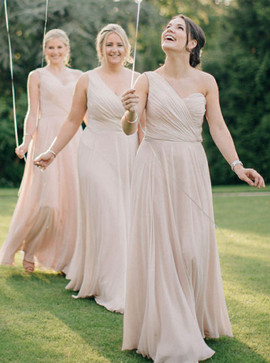 Pearl Pink Chiffon One-Shoulder Ruched Long Bridesmaid Dress