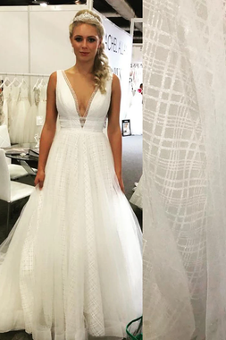 Shop Cheap Simple Tulle Plunging Neck A-Line White Wedding Dress under 200