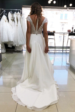 Shop Unique Cap Sleeves Sexy Illusion Neck Sheer Back Chiffon Wedding Dress