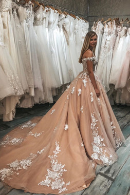 Champagne Off the Shoulder Lace Appliques Ball Gown Prom Dress with Train