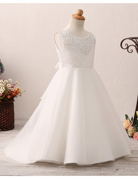 Pleated Beading Neck Ivory Floor Length Flower Girl Dress 