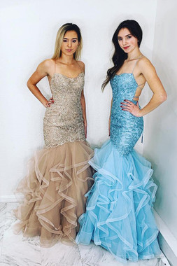 Shop Unique Gold Cascading Ruffles Mermaid Prom Gown with Open Back under 200