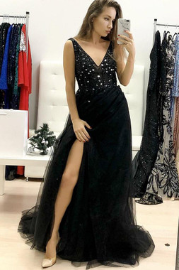 Shop Cheap V Neck Black Tulle Beading Formal Evening Dress With Slit Under 150