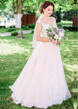 Buy Romantic  Tulle Scoop Lace Appliques A-line Wedding Dresses With Beading under 200