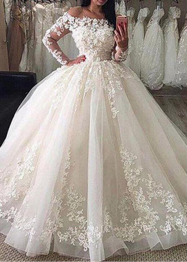 Long Sleeve Romantic 3D Lace Appliques Tulle Off-the-shoulder Ball Gown Wedding Dress