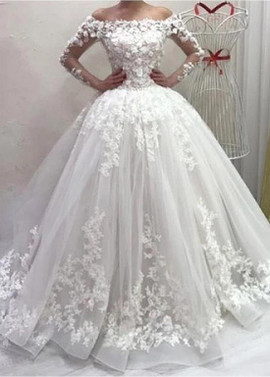 Long Sleeve Romantic 3D Lace Appliques Tulle Off-the-shoulder Ball Gown Wedding Dress