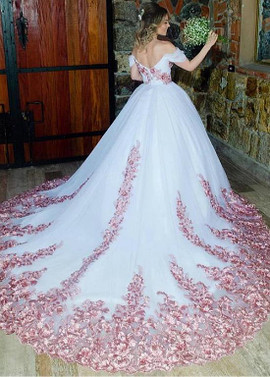 Shop Cheap Tulle Off-the-shoulder Pink Appliques Ball Gown Wedding Dress 2020