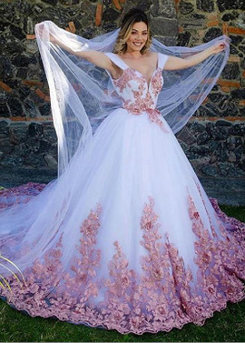 Shop Cheap Tulle Off-the-shoulder Pink Appliques Ball Gown Wedding Dress 2020